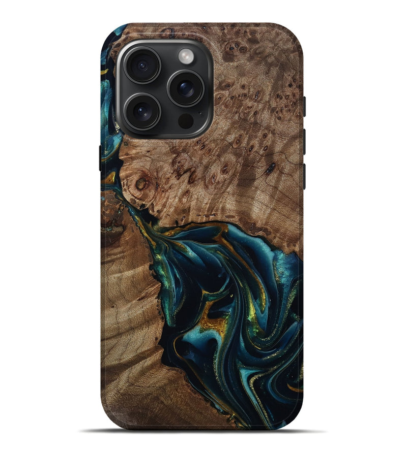 iPhone 16 Pro Max Wood Live Edge Phone Case - Claudie (Teal & Gold, 812781)