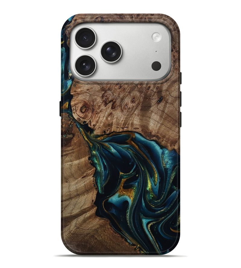 iPhone 17 Pro Max Wood Live Edge Phone Case - Claudie (Teal & Gold, 812781)