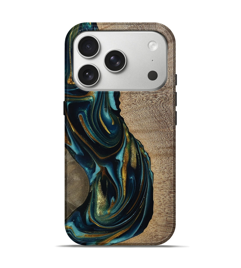 iPhone 17 Pro Wood Live Edge Phone Case - Mariam (Teal & Gold, 812783)