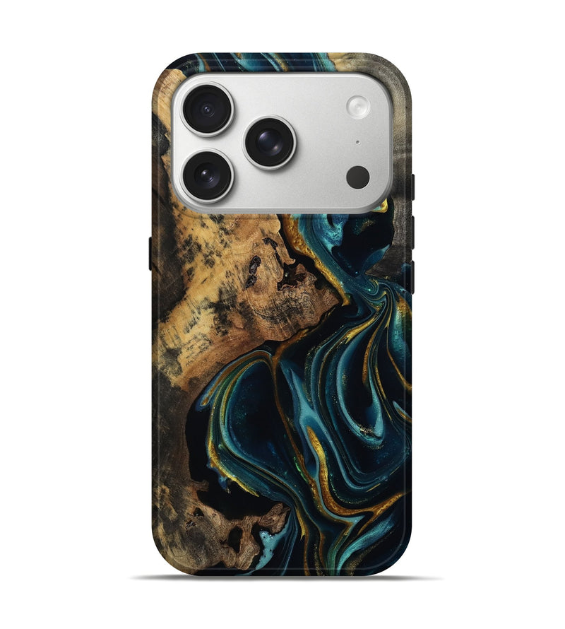 iPhone 17 Pro Wood Live Edge Phone Case - Hobart (Teal & Gold, 812788)