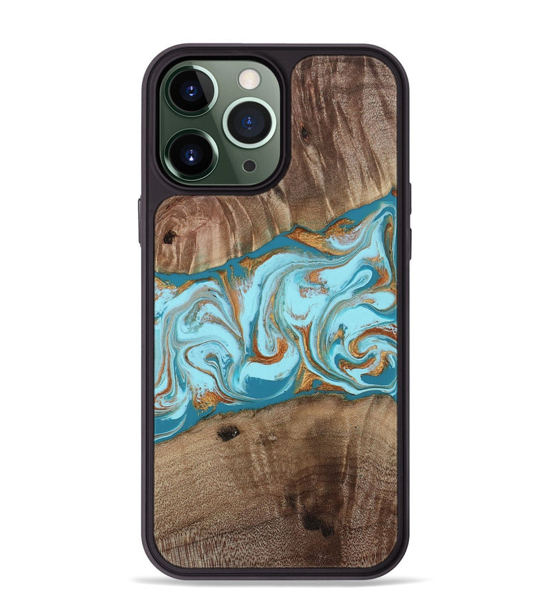 iPhone 13 Pro Max Wood Phone Case - Kyson (Teal & Gold, 812813)