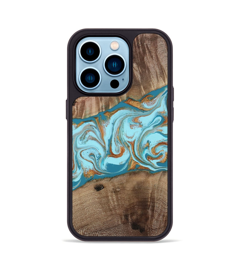 iPhone 14 Pro Wood Phone Case - Kyson (Teal & Gold, 812813)