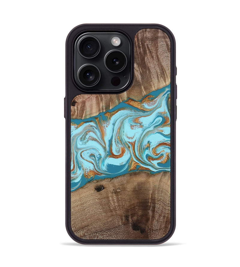 iPhone 15 Pro Wood Phone Case - Kyson (Teal & Gold, 812813)