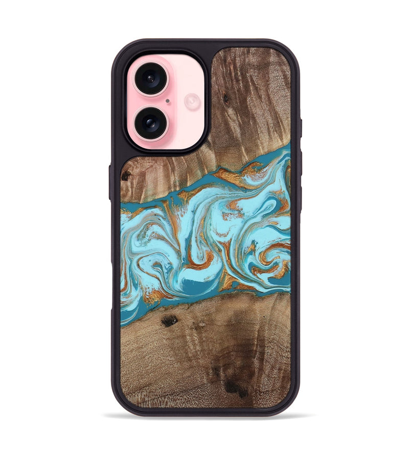 iPhone 16 Wood Phone Case - Kyson (Teal & Gold, 812813)