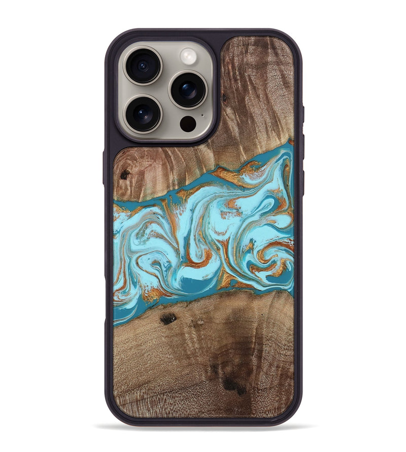 iPhone 16 Pro Max Wood Phone Case - Kyson (Teal & Gold, 812813)