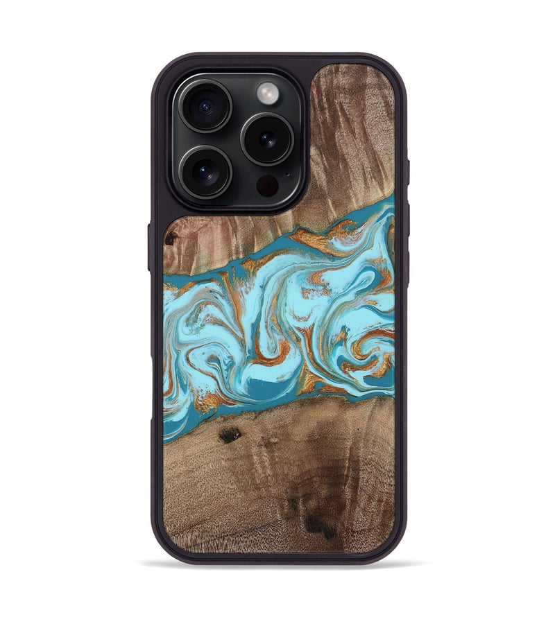iPhone 16 Pro Wood Phone Case - Kyson (Teal & Gold, 812813)