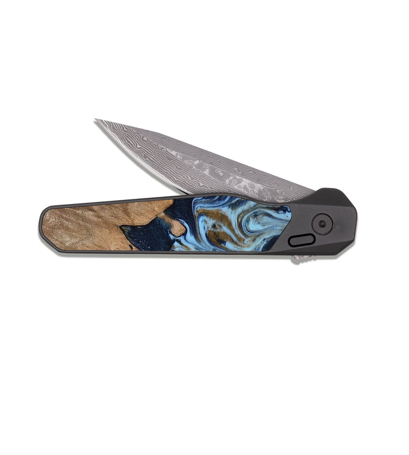 EDC Dark Damascus Wood Pocket Knife - Davina (Teal & Gold, 812816)