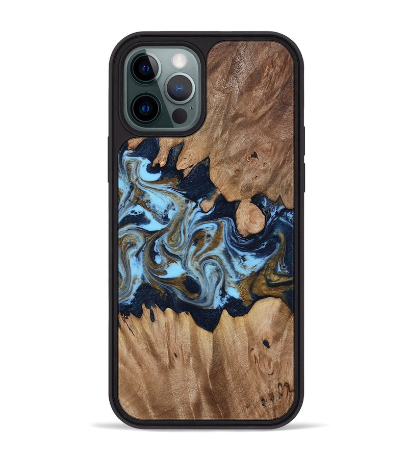 iPhone 12 Pro Max Wood Phone Case - Davina (Teal & Gold, 812816)