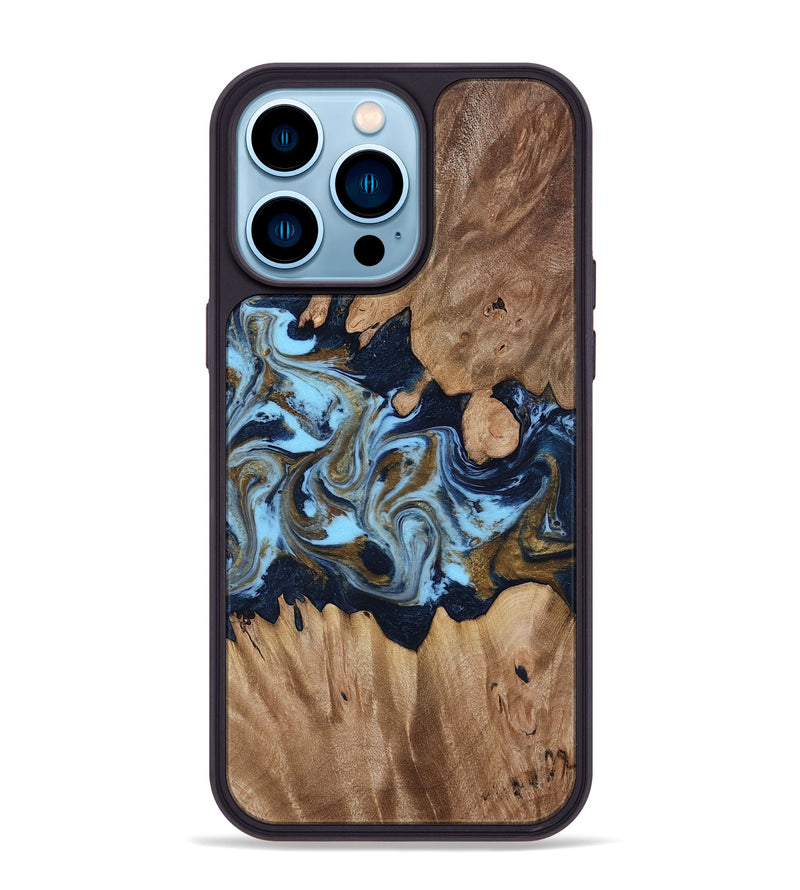 iPhone 14 Pro Max Wood Phone Case - Davina (Teal & Gold, 812816)