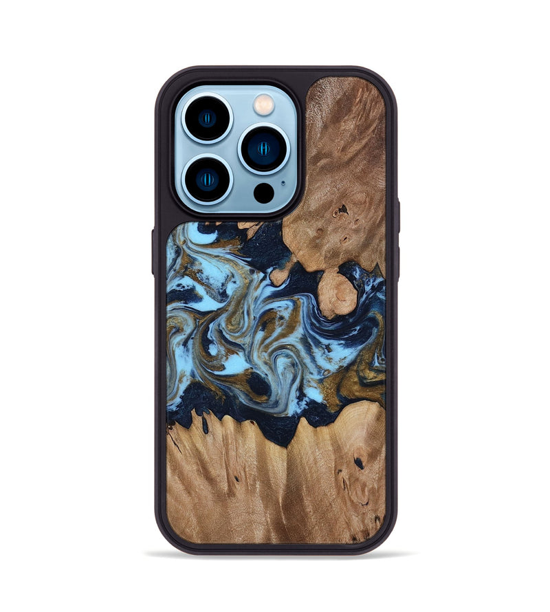 iPhone 14 Pro Wood Phone Case - Davina (Teal & Gold, 812816)