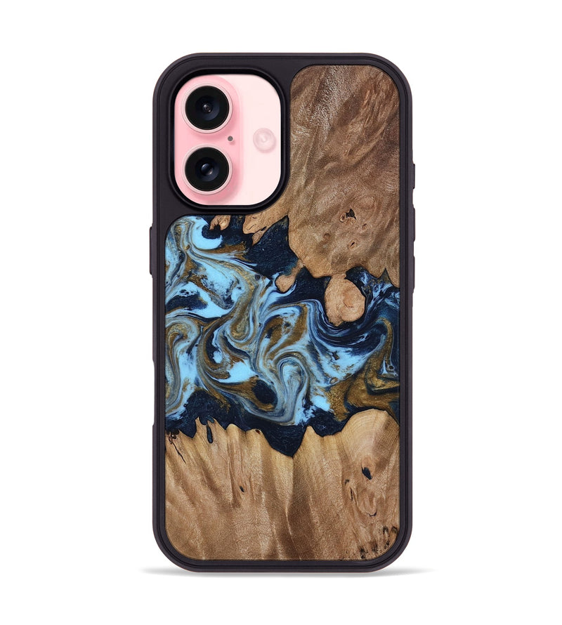 iPhone 16 Wood Phone Case - Davina (Teal & Gold, 812816)