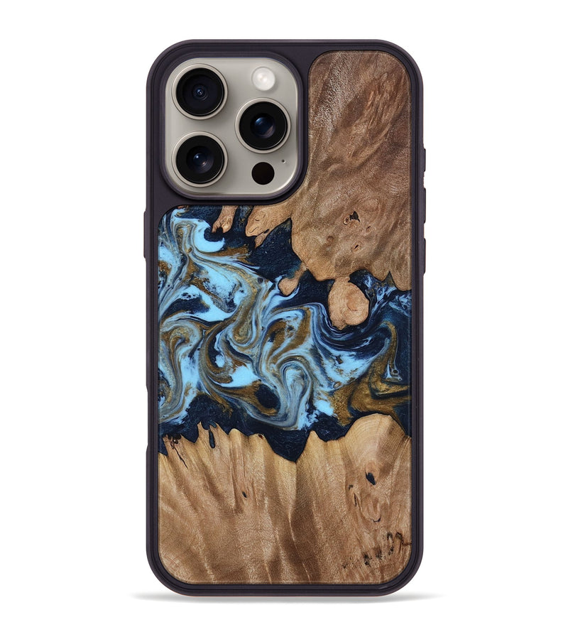 iPhone 16 Pro Max Wood Phone Case - Davina (Teal & Gold, 812816)