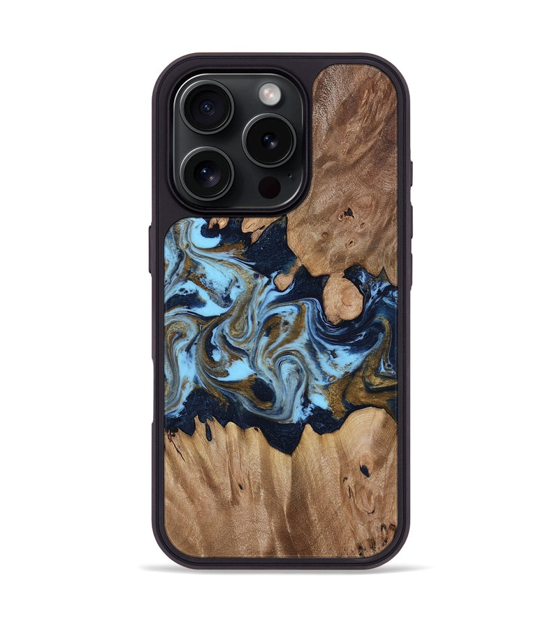 iPhone 16 Pro Wood Phone Case - Davina (Teal & Gold, 812816)