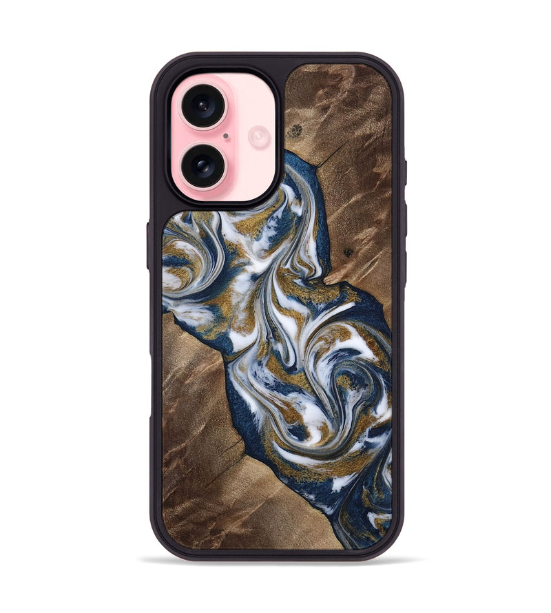 iPhone 16 Wood Phone Case - Kye (Teal & Gold, 812978)