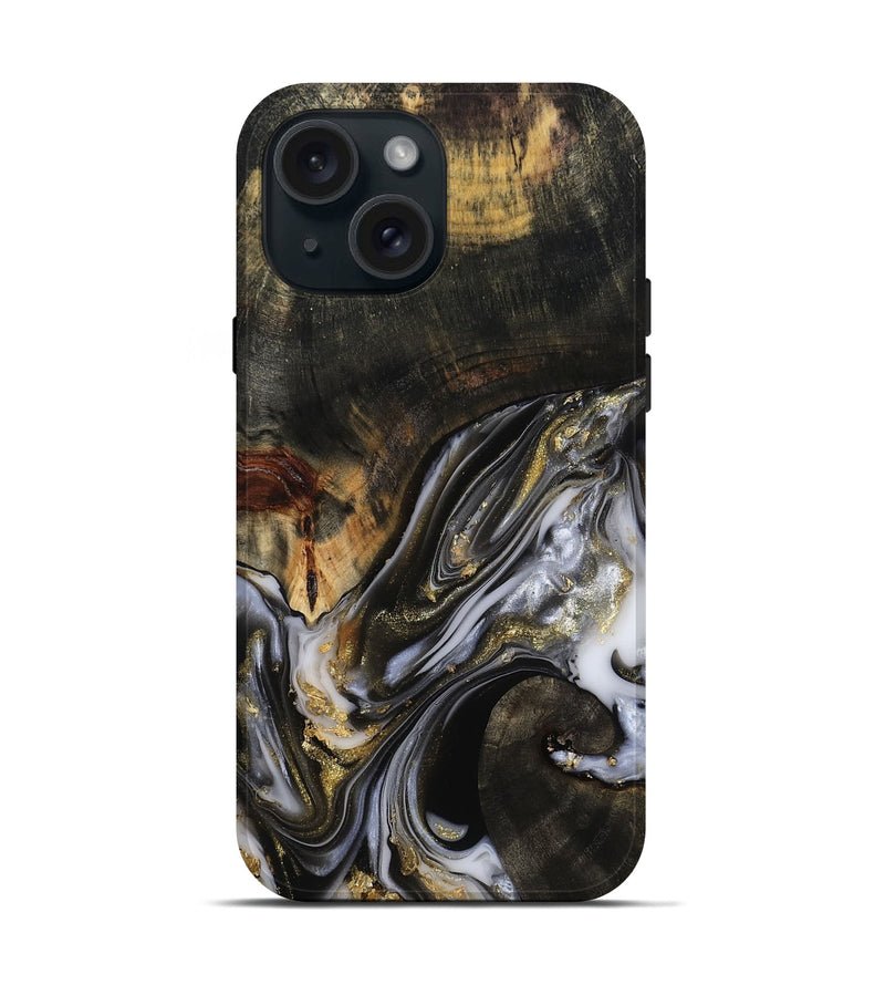 iPhone 15 Wood Live Edge Phone Case - Natalya (Black & White, 813127)