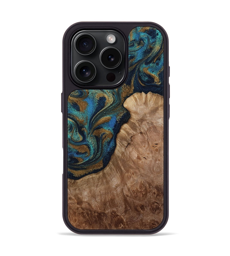 iPhone 16 Pro Wood Phone Case - Alyson (Teal & Gold, 813233)