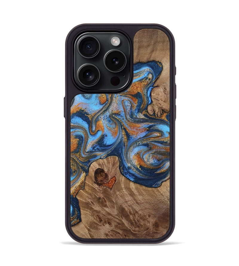 iPhone 15 Pro Wood Phone Case - Javon (Teal & Gold, 813330)