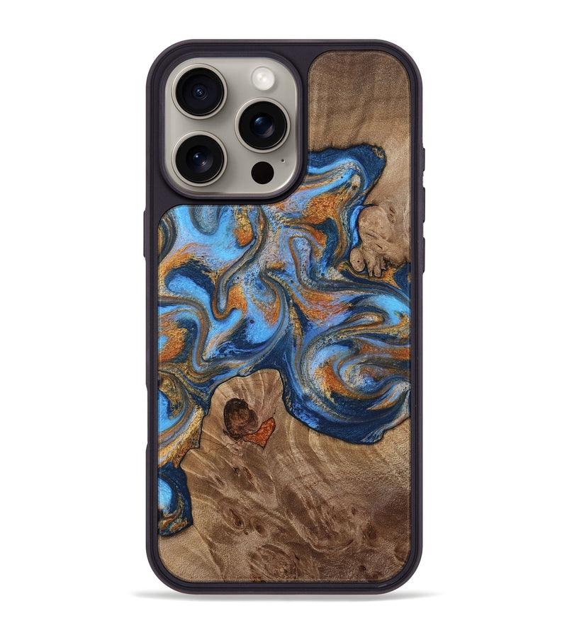 iPhone 16 Pro Max Wood Phone Case - Javon (Teal & Gold, 813330)