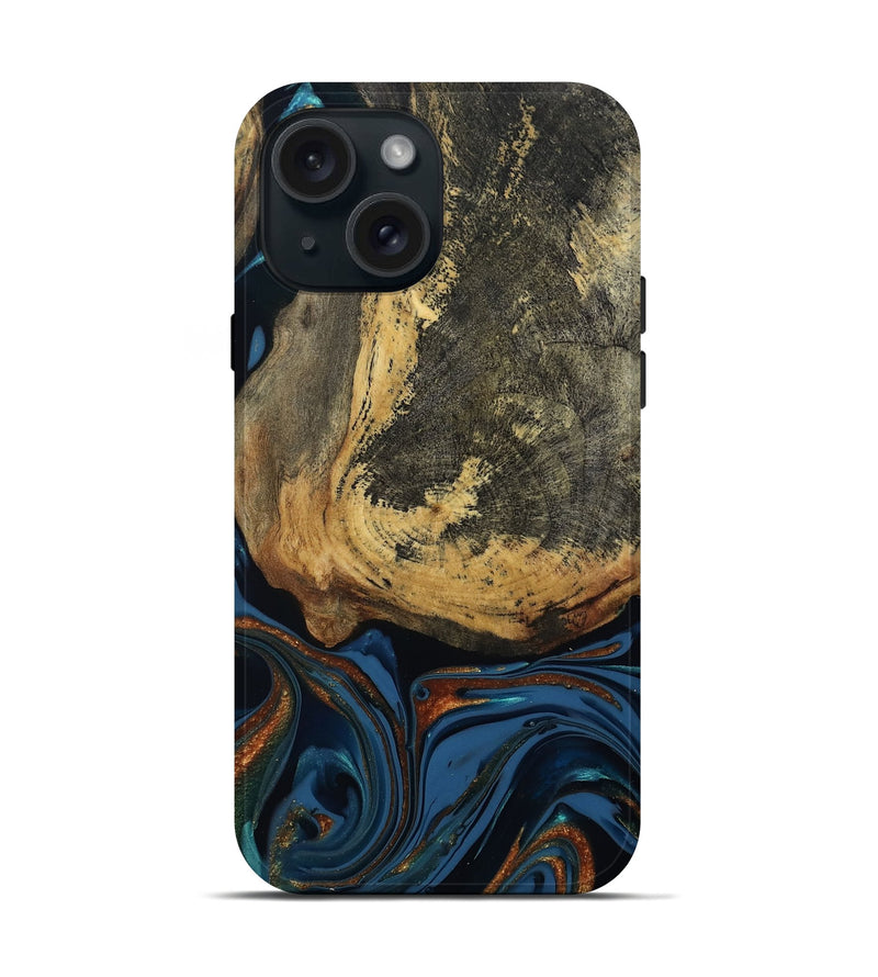 iPhone 15 Wood Live Edge Phone Case - Renee (Teal & Gold, 813358)