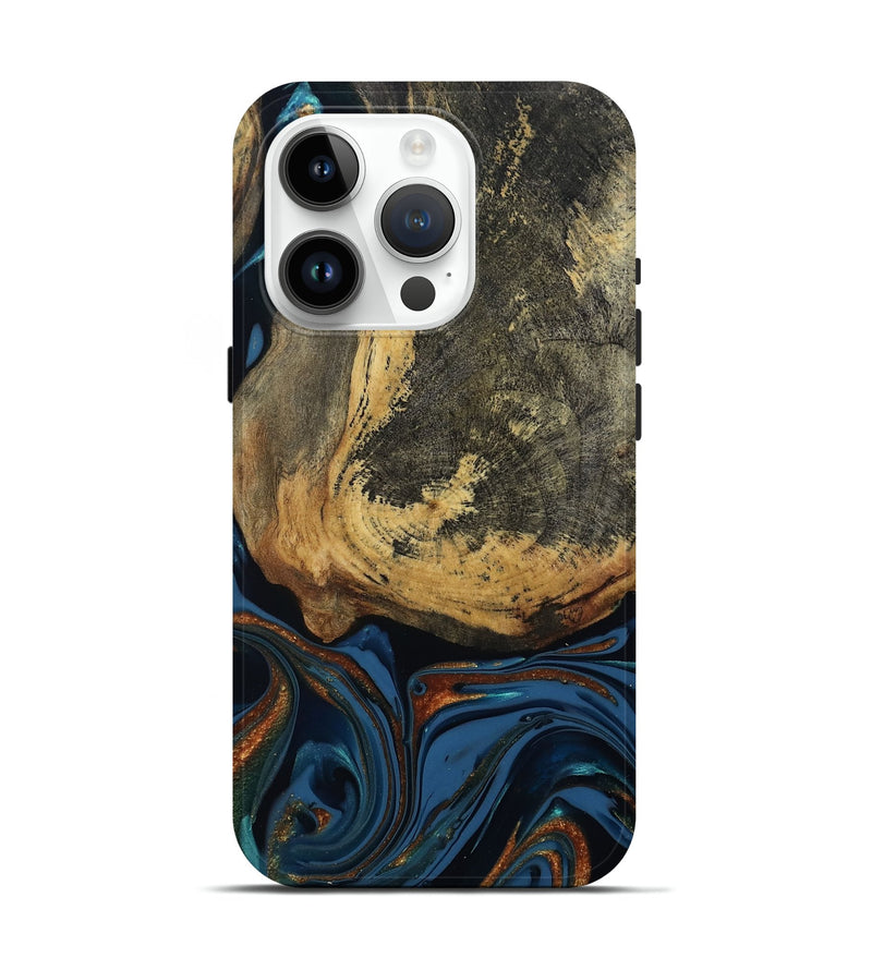 iPhone 15 Pro Wood Live Edge Phone Case - Renee (Teal & Gold, 813358)