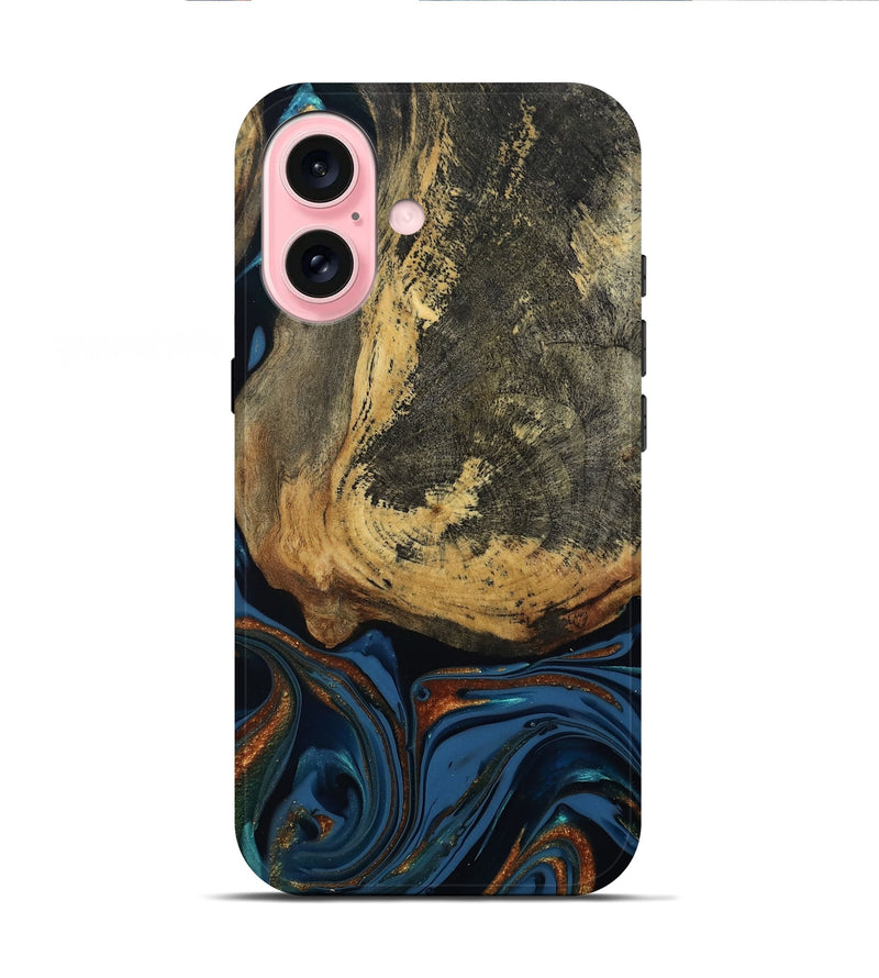 iPhone 16 Wood Live Edge Phone Case - Renee (Teal & Gold, 813358)