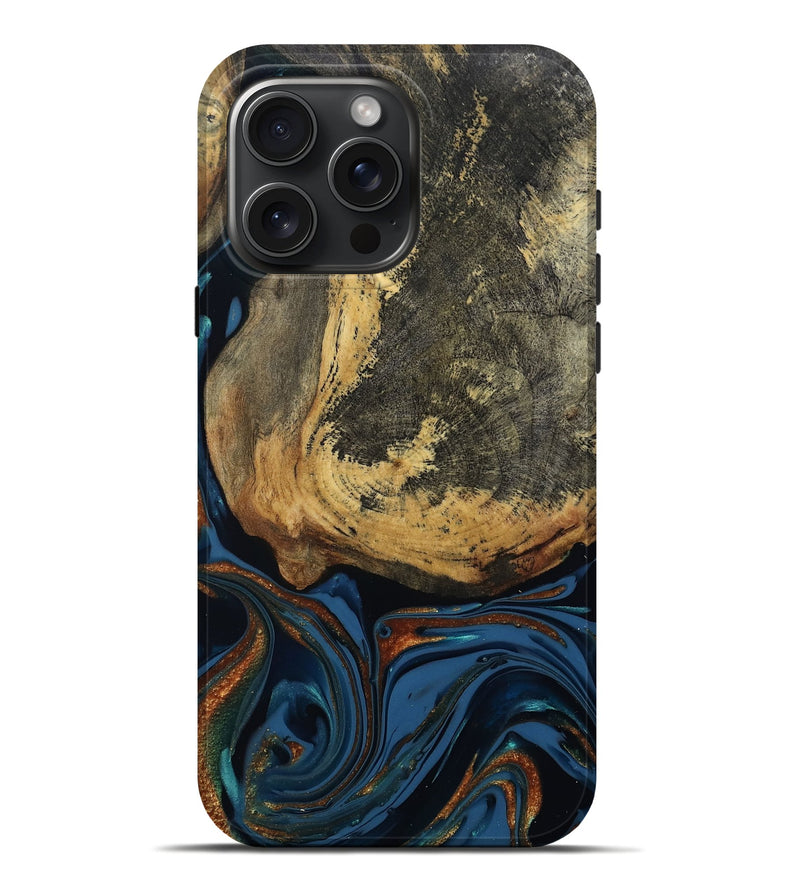 iPhone 16 Pro Max Wood Live Edge Phone Case - Renee (Teal & Gold, 813358)