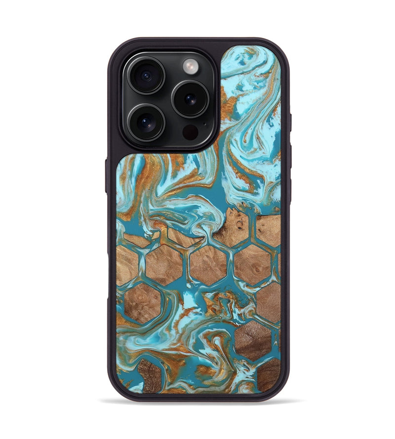 iPhone 16 Pro Wood Phone Case - Lorine (Teal & Gold, 813402)