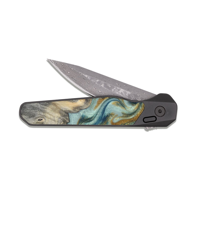 EDC Dark Damascus Wood Pocket Knife - Dillan (Teal & Gold, 813526)
