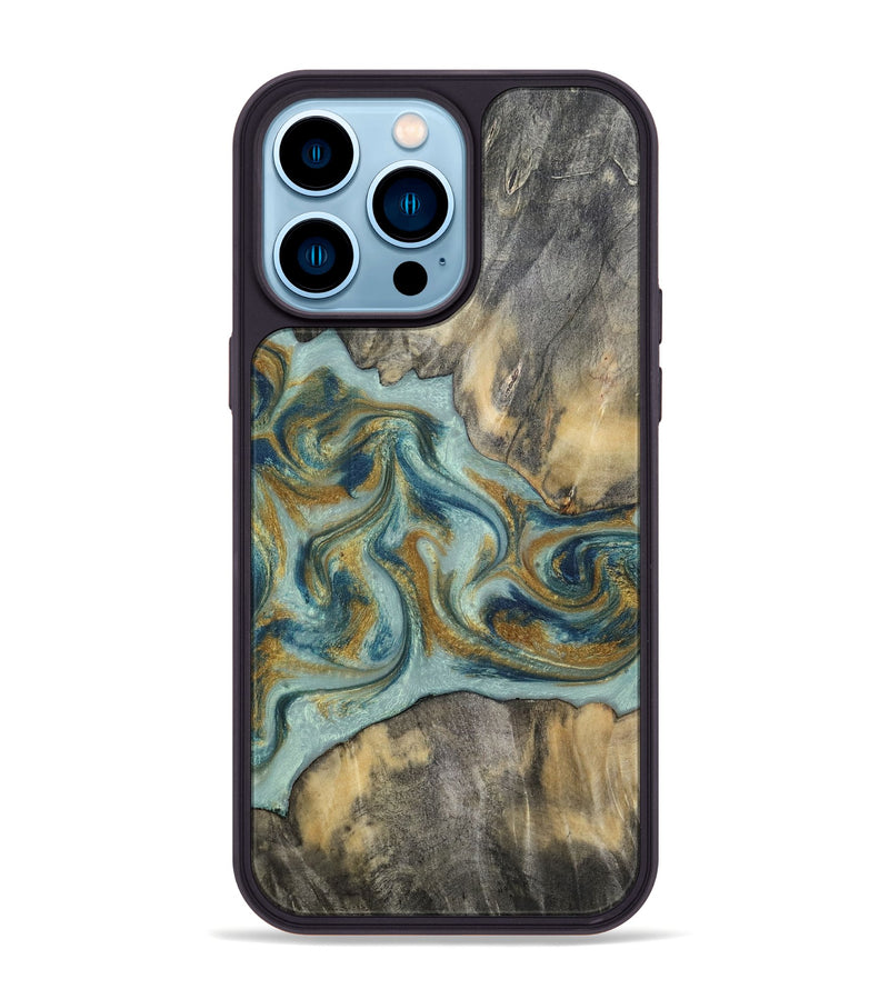 iPhone 14 Pro Max Wood Phone Case - Dillan (Teal & Gold, 813526)