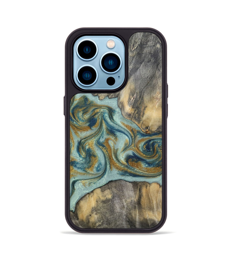 iPhone 14 Pro Wood Phone Case - Dillan (Teal & Gold, 813526)