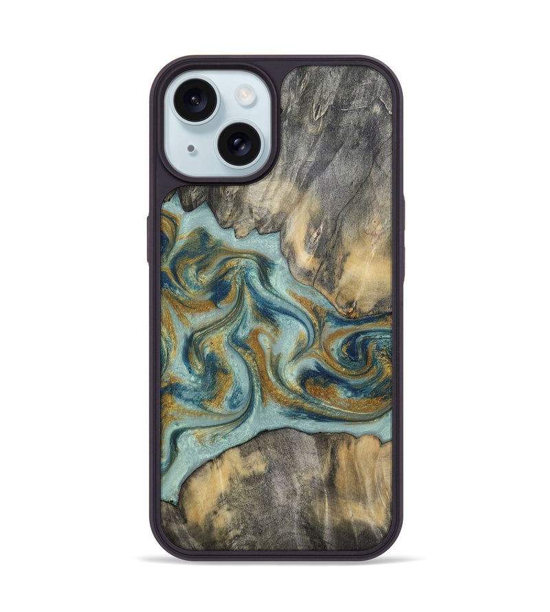 iPhone 15 Wood Phone Case - Dillan (Teal & Gold, 813526)