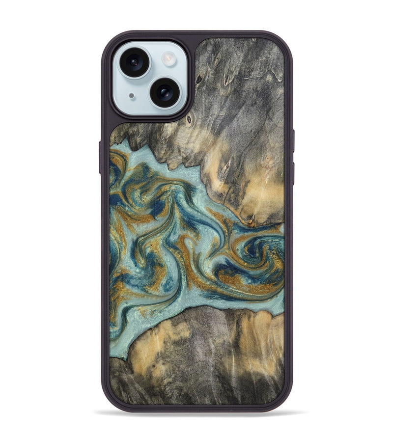 iPhone 15 Plus Wood Phone Case - Dillan (Teal & Gold, 813526)