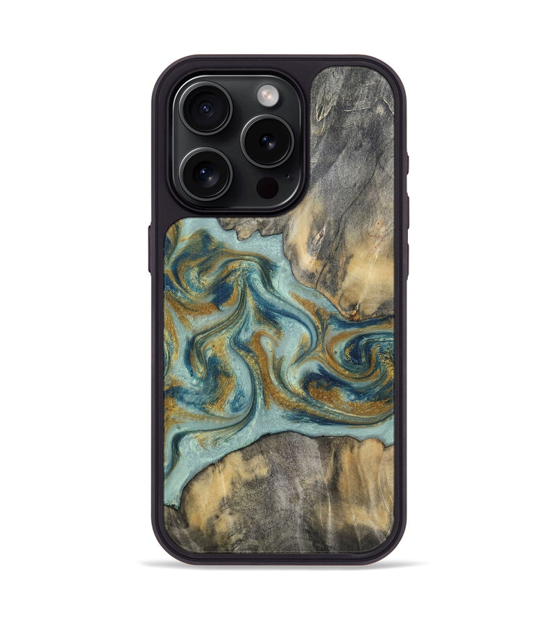 iPhone 15 Pro Wood Phone Case - Dillan (Teal & Gold, 813526)