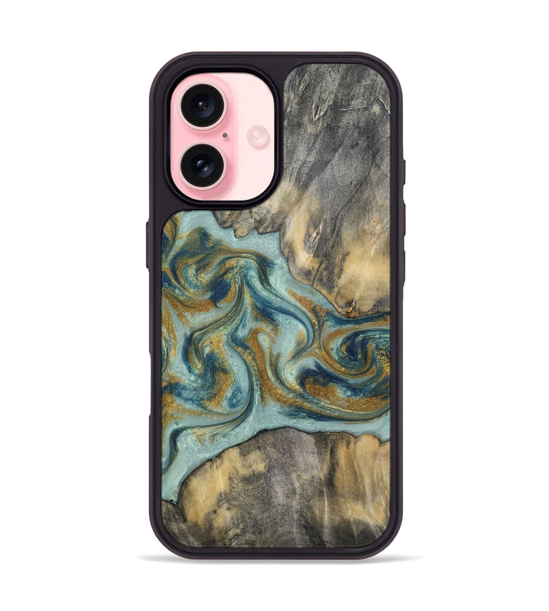 iPhone 16 Wood Phone Case - Dillan (Teal & Gold, 813526)