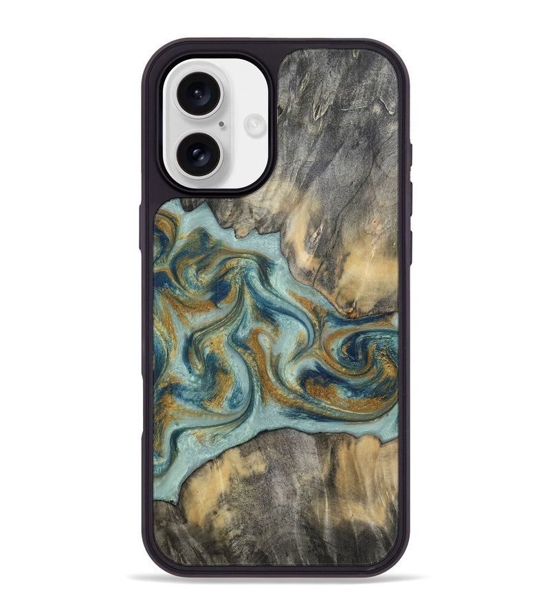 iPhone 16 Plus Wood Phone Case - Dillan (Teal & Gold, 813526)