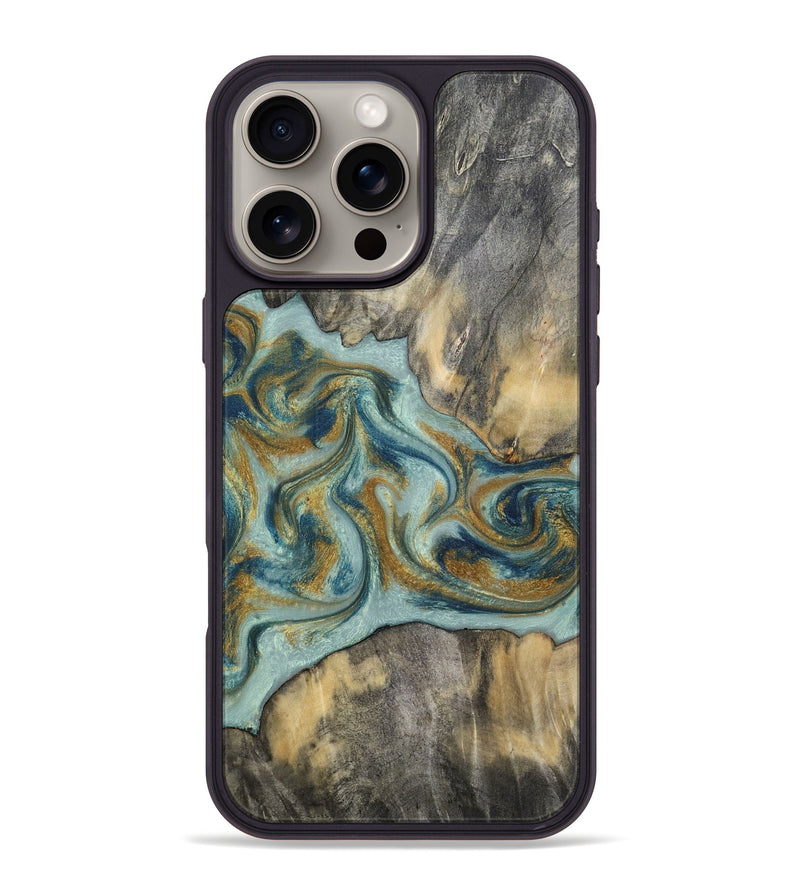 iPhone 16 Pro Max Wood Phone Case - Dillan (Teal & Gold, 813526)