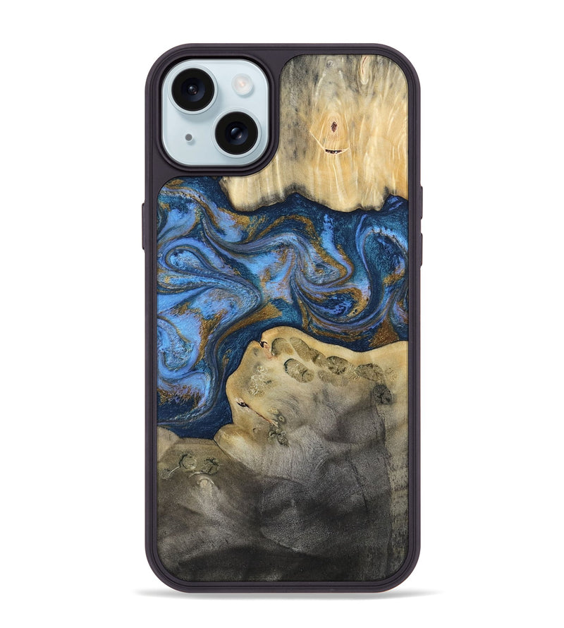iPhone 15 Plus Wood Phone Case - Stephan (Teal & Gold, 813625)
