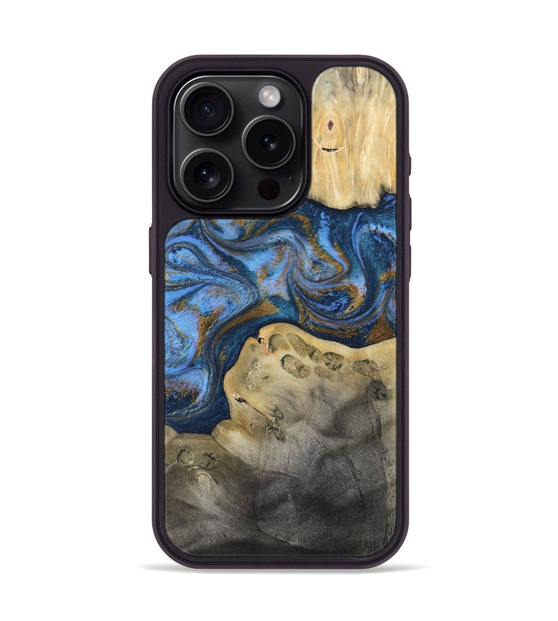 iPhone 15 Pro Wood Phone Case - Stephan (Teal & Gold, 813625)