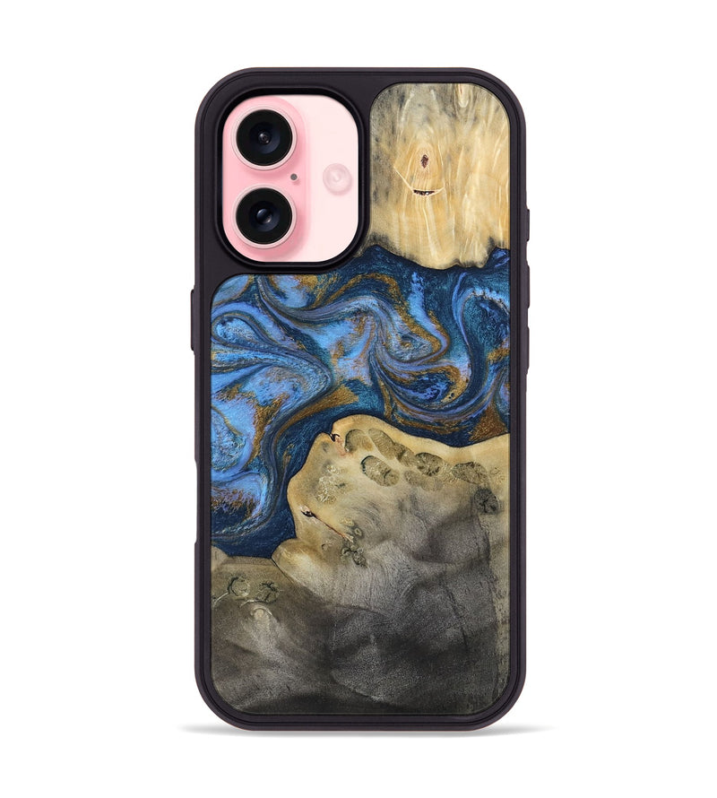 iPhone 16 Wood Phone Case - Stephan (Teal & Gold, 813625)