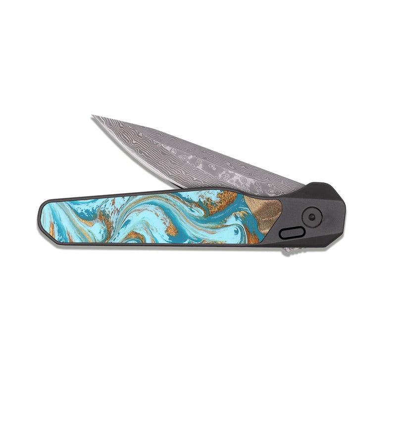 EDC Dark Damascus Wood Pocket Knife - Kylian (Teal & Gold, 813903)