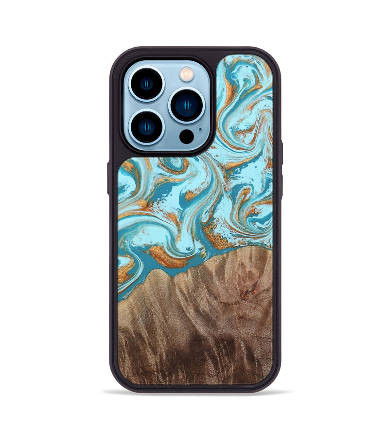 iPhone 14 Pro Wood Phone Case - Kylian (Teal & Gold, 813903)