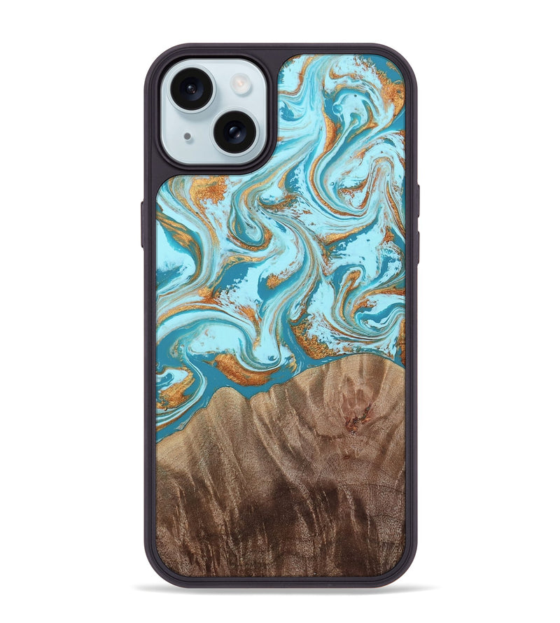 iPhone 15 Plus Wood Phone Case - Kylian (Teal & Gold, 813903)