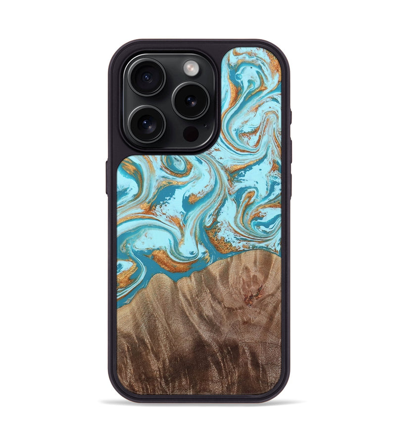 iPhone 15 Pro Wood Phone Case - Kylian (Teal & Gold, 813903)