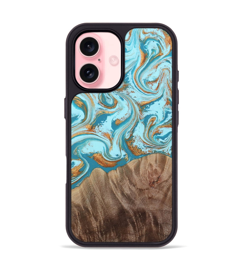 iPhone 16 Wood Phone Case - Kylian (Teal & Gold, 813903)