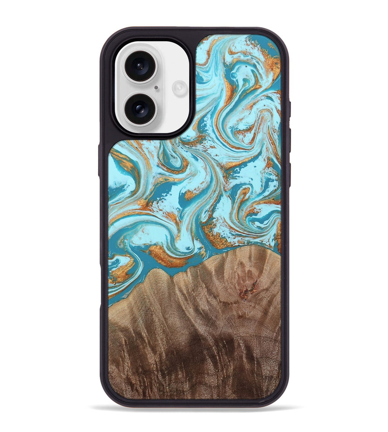 iPhone 16 Plus Wood Phone Case - Kylian (Teal & Gold, 813903)