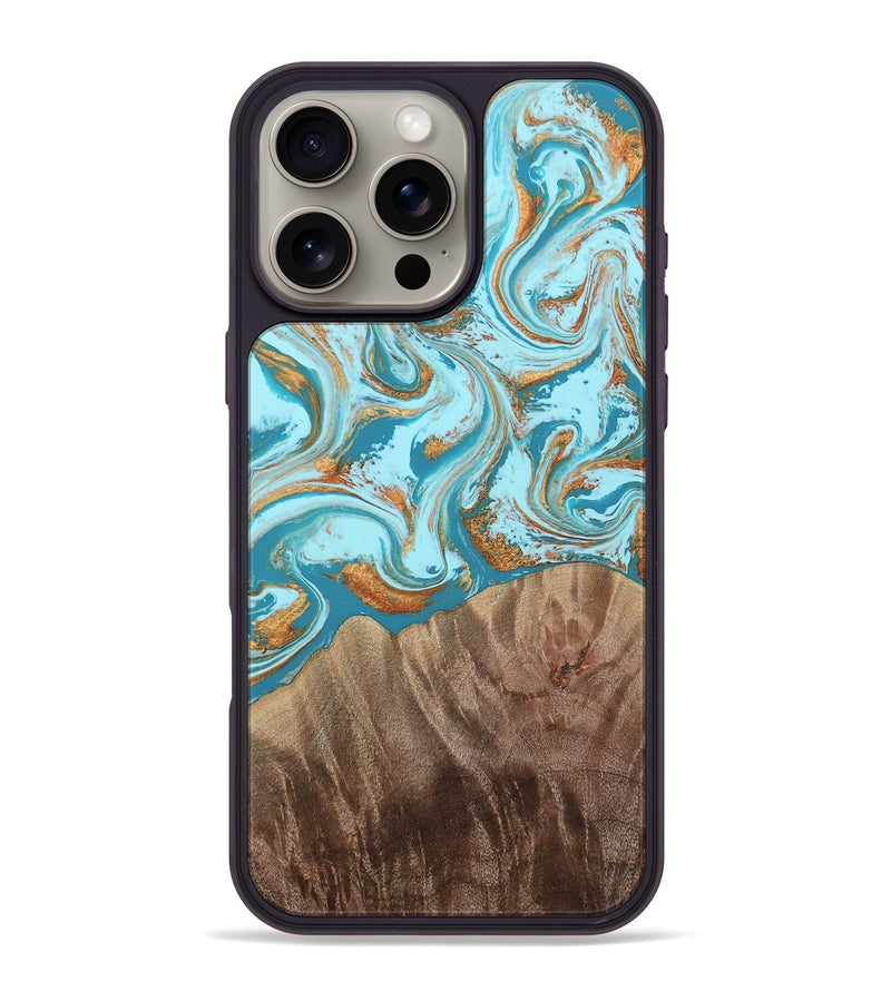 iPhone 16 Pro Max Wood Phone Case - Kylian (Teal & Gold, 813903)