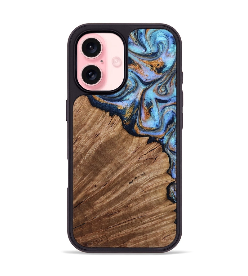 iPhone 16 Wood Phone Case - Vince (Teal & Gold, 813906)
