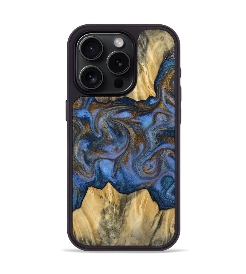 iPhone 15 Pro Wood Phone Case - Florine (Teal & Gold, 813923)