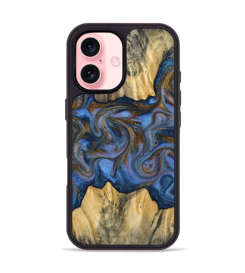 iPhone 16 Wood Phone Case - Florine (Teal & Gold, 813923)