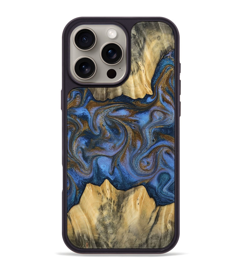 iPhone 16 Pro Max Wood Phone Case - Florine (Teal & Gold, 813923)